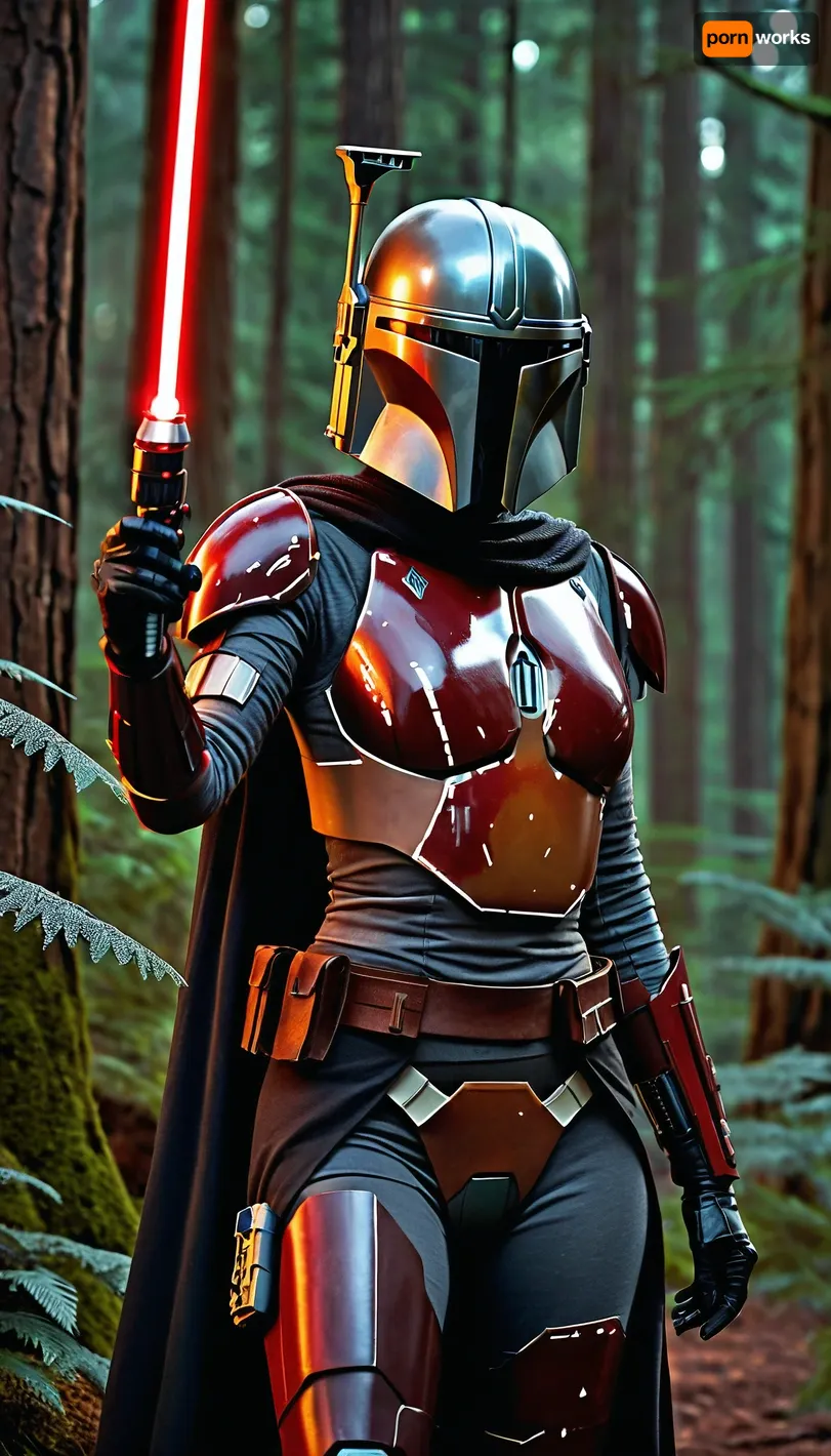 A female mandalorian, sleek revealing black armor with red details, bare skin, forest planet with space ship in the back round, wielding a red lightsaber, d&d, fantasy, highly detailed, digital painting, artstation, sharp focus, fantasy art, illustration, 8k, in the style of greg rutkowski. It's an absolute world-class masterpiece artwork. It's an aesthetically pleasing artwork with impeccable attention to detail and impressive composition.