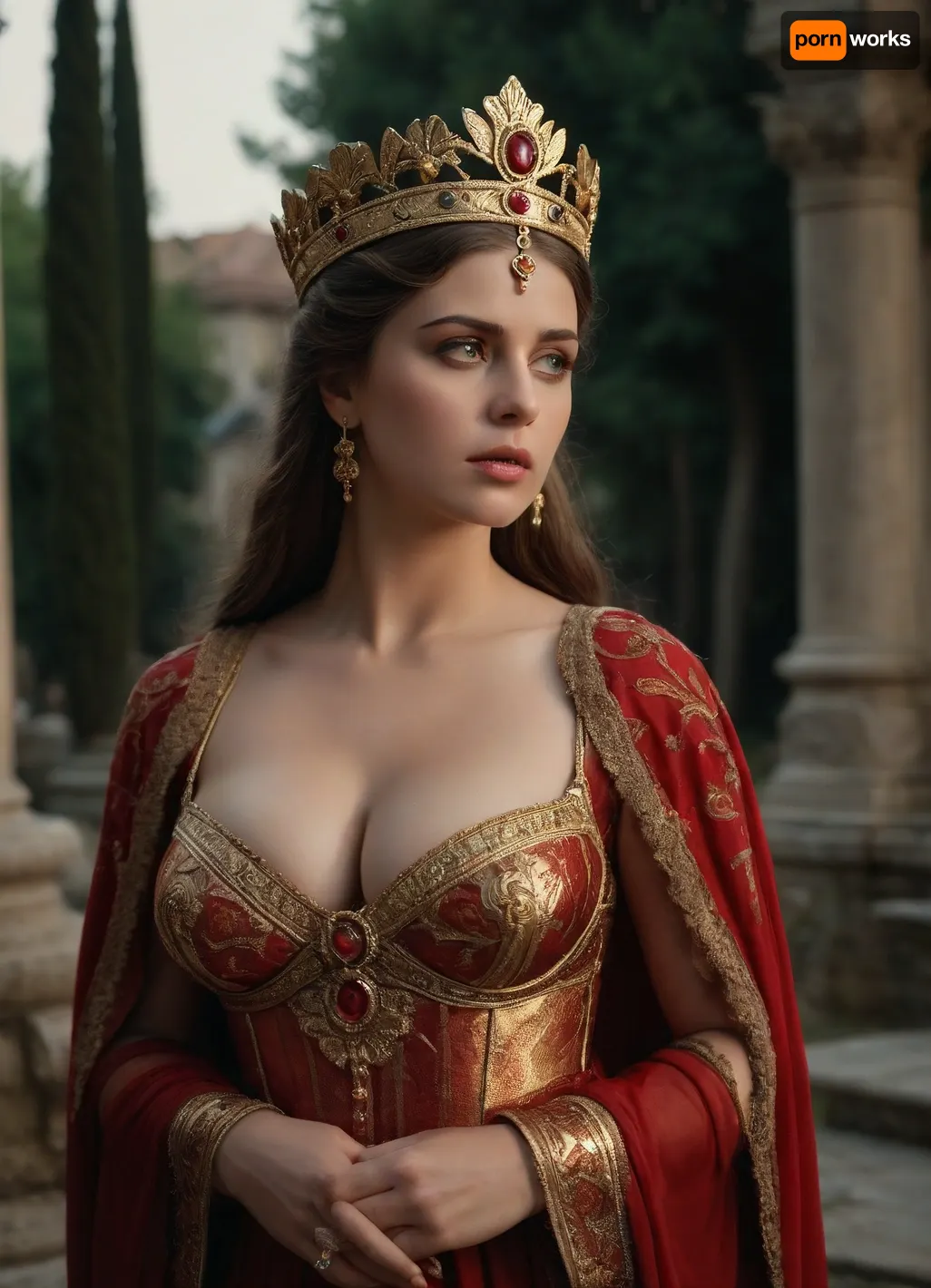 Empress Theodora, busty, outdoors, photorealistic, best quality, masterpiece