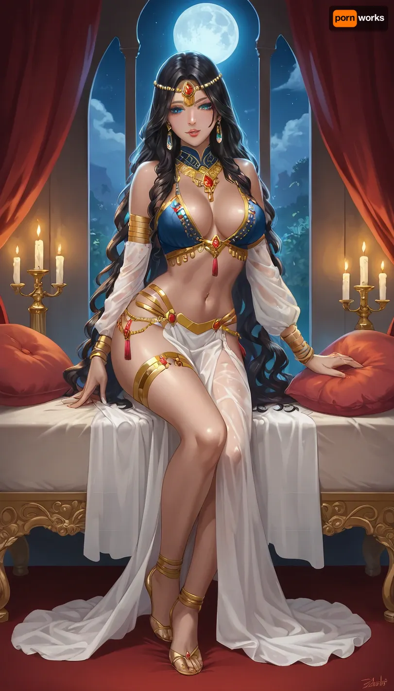 A full-length photograph of Arabia at night, a cozy room in a palace, furnished with oriental luxury, filled with soft candlelight, where a beautiful young oriental woman, Scheherazade, dressed in a very revealing oriental costume, lies on a sofa among pillows. Her long, flowing hair sparkles in the moonlight, and her eyes are full of wisdom and mystery. Her lush, beautiful breasts are almost completely exposed. Candlelight shadows dance around her, and a full moon is visible outside the Arabian-style window. This is a stunning work of art that conveys an atmosphere of mystery, romance, and the power of the feminine spirit., <lora:Dever_Flux_Enhancer:.8>, detailed, style, <lora:detailed style v1.5:.8>, <lora:hentai_anime_style_xl_v1:.8>