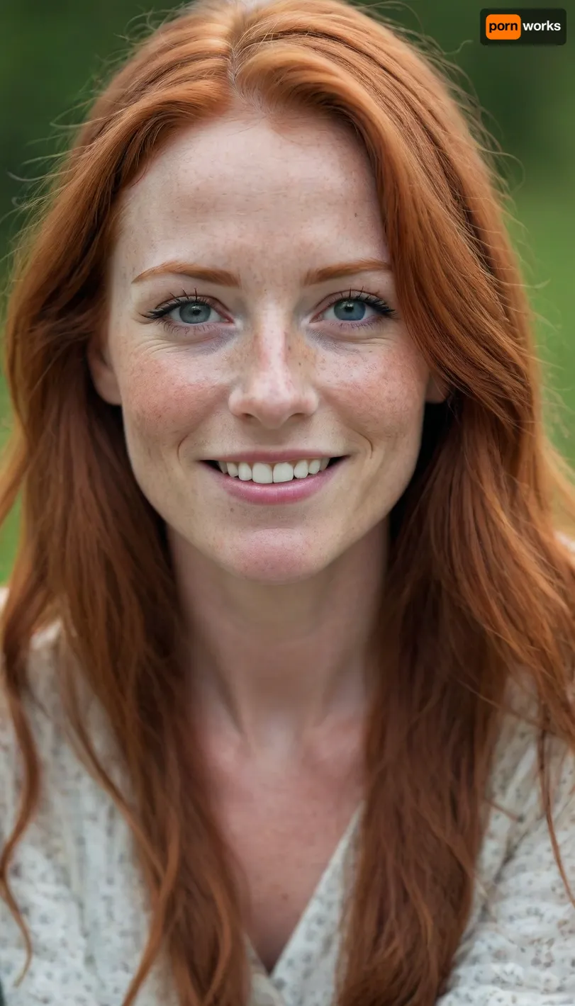 45 years old, very nice, looking into camera, sweet smile, upper body view, very long red hair, freckles, bright symetric perfect eyes