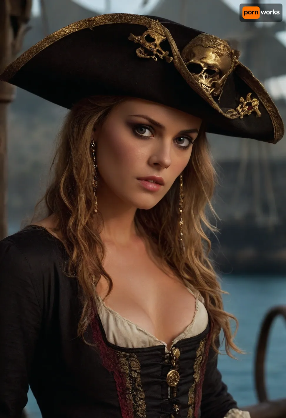 ((Elizabeth swann)), Pirates of the carribean, (skull pirate hat), hyper realistic face, detailed face, female pirate queen, hero view, action pose, extremely beautiful detailed piercing eyes, cinematic scene, scenery, detailed background, masterpiece, best quality, high quality, absurdres, very detailed, high resolution, sharp, sharp image, 8k, vivid, colorful, h41ry, <lora:h41ry:.8>