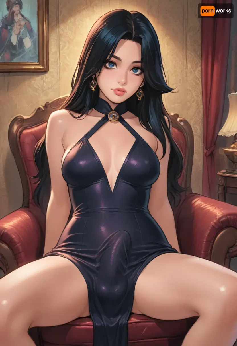 (reiq style), futa 21 years old, black hair, long haircut, medium breasts, sits, legs spread, sexy dress, huge cock bulge, balls bulge, Melkor Mancin artstyle, score_9, score_8_up, score_7_up, <lora:cartoon_stickers_xl_v1:.8>, <lora:ratatatat74-000050:1.3>