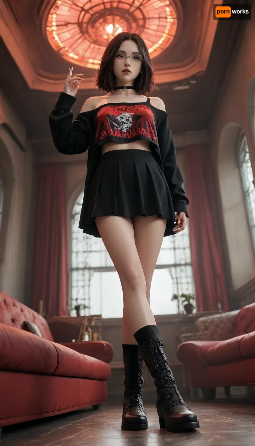 ultra high quality, semi-realistic art style, cinematic realism, hyper detailed, adult woman, full body, low angle view, long legs, elongated leg proportions, elegant silhouette, seated pose, relaxed posture, crossed legs, goth egirl aesthetic, dark fashion, pale skin, black choppy hair, blue eyes, dark smoky makeup, dark lipstick, round wire glasses, medusa lip piercing, detailed neck tattoo, black choker, oversized black graphic sweatshirt, mini skirt, ribbed thigh high socks, chunky combat boots, Groggy gaze, sharp eye contact, limp body language, submissive allure, slow confused smirk, controlled menace, private VIP room, gothic lounge interior, ornate gothic sofa, tufted black velvet sofa, candlelit side tables, dark draped curtains, stained glass accents, wrought iron decor, occult nightclub aesthetic, Spilled drink, crystal glass, blood red cocktail, condensation on glass, lounging pose, shady underground nightclub, neon lighting, dominant violet and blood red color theme, violet neon rim lighting, blood red backlighting, purple and crimson glow, foggy air, cigarette smoke, laser lights, reflective black floor, grungy walls, industrial ceiling, exposed pipes, shadowy silhouettes beyond the VIP glass, glowing bar in the distance, bottles backlit with red neon, moody backlighting, cinematic contrast, urban noir atmosphere, cyberpunk club vibe, late night setting, seductive ambient lighting, studio quality lighting, dramatic moody atmosphere, realistic skin texture, subtle subsurface light through skin, realistic fabric detail, ultra sharp focus, volumetric lighting, depth of field, soft light bloom, ray traced style reflections, neon specular highlights, sleeping, oral, anal, vaginal, penetration, tit job