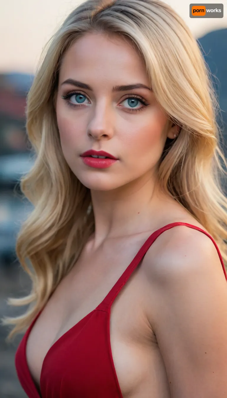 Sexy women, 25 years old, bkue eyes, blond hair, red dress