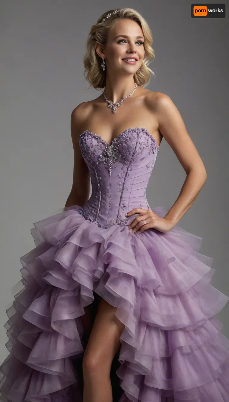 full view, woman is 45yo blonde Viking, A stunning young woman wearing an elegant lavender/lilac tiered ruffle ball gown, standing confidently against a plain white background. The dress features a fitted corset-style bodice with intricate lace and beaded embellishments, a sweetheart neckline, and thin spaghetti straps. The skirt is voluminous with multiple layers of ruffled tulle, creating a dramatic and fairy-tale-like effect. The gown has a high slit on the left side, adding a modern and daring touch. The woman is accessorized with delicate silver jewelry, including earrings and a necklace, and is wearing sparkly silver high-heeled sandals. The lighting is soft and flattering, highlighting the dress's details and the woman's radiant smile. Ultra HD, 8K, highly detailed, cinematic lighting, fashion photography, VOGUE style