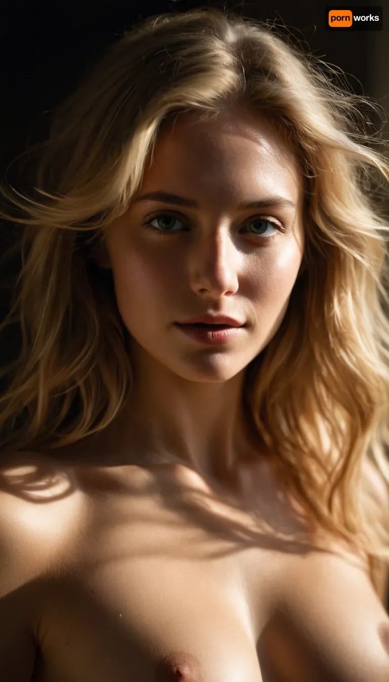 Portrait of a young, (shyly:.8), (smiling:.8), nude woman with flowing long, (messy:1.1), blonde hair that, (cover:1.3), her breasts, eyes covered by hair, (volumetric:1.1), (chiaroscuro:1.2), lighting, analog color film photograph, 50mm F1.2L lens, (shallow:1.2), depth of field, close-up, emotions, sensual pose, high dynamic range, HDR, low key, subsurface scattering, (moody:.9), shadows and, (complex:1.1), lighting., (Green:.8), radiant eyes, RAW photography., <lora:OpenJourney-LORA:.5>