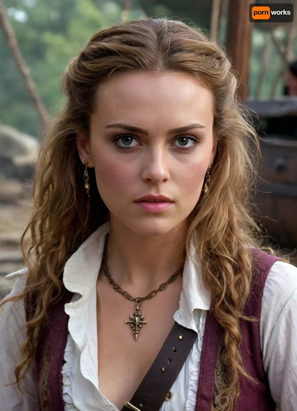 ((Elizabeth swann)), Pirates of the carribean, hyper realistic face, detailed face, female pirate queen, hero view, action pose, extremely beautiful detailed piercing eyes, cinematic scene, scenery, detailed background, masterpiece, best quality, high quality, absurdres, very detailed, high resolution, sharp, sharp image, 8k, vivid, colorful, h41ry, <lora:h41ry:.8>