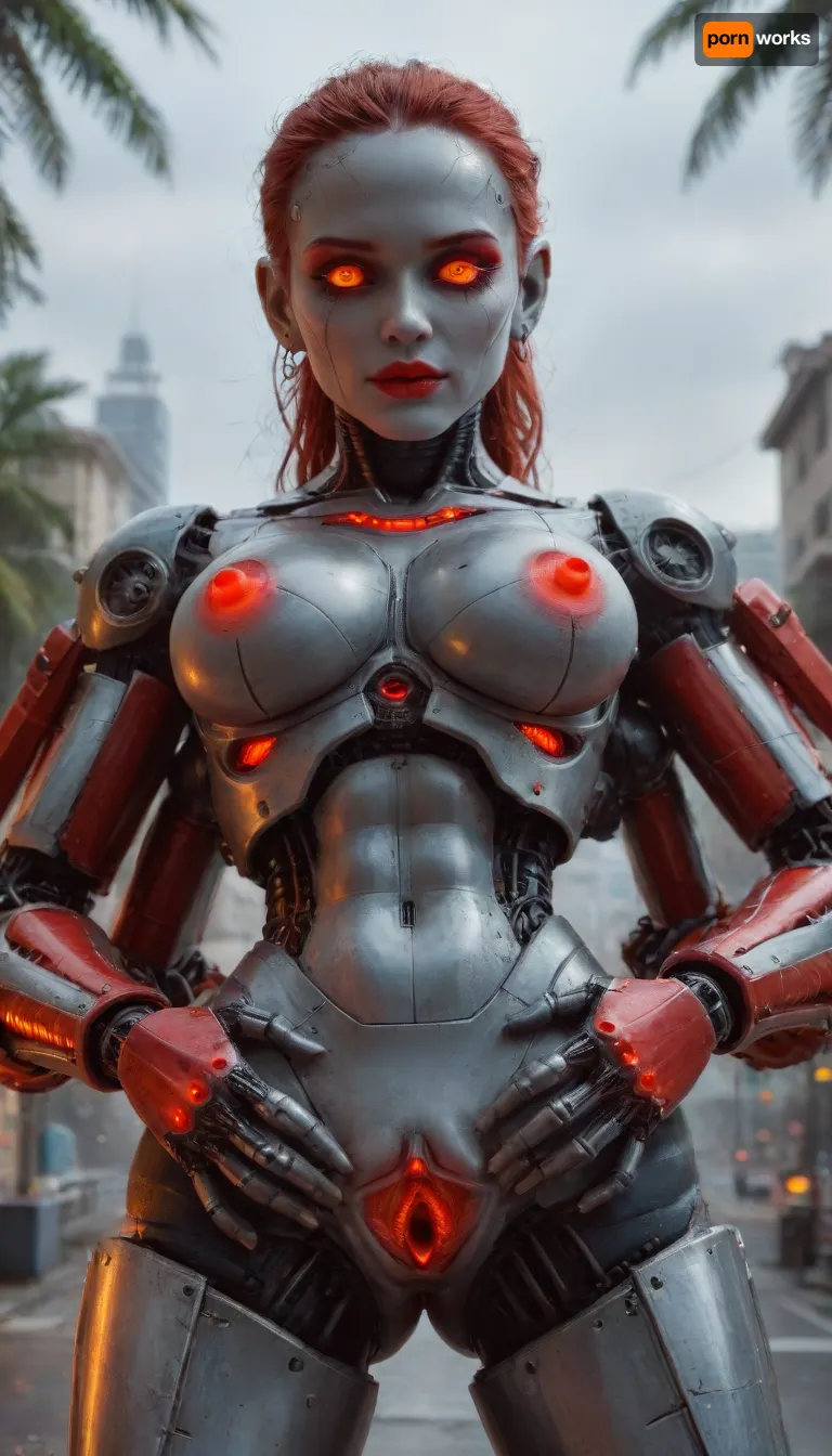 sharp focus, solo, (1robot, (Robot, robot is Terminator, Cyberdyne-101)), (1woman, 1robot), (round tits in the palm robot, girl tits in the hands of robot, robot holds the girl by the breast, groping tits, robot's palms on the girl's chest, spreading pussy, seductive modeling), (showing ass, grabbing ass), fantasy, lovely, futuristic city background, (extra robot arms:1.8), metallic red neon glowing LED nipples, metallic neon red glowing pussy, robot pussy, robot breasts, metallic neon red glowing lips, robot lips, (epic realistic:1.1), (hdr:1.1), intricate details, cinematic, detailed, (portrait), photorealistic, 4k, absurdres, ((perfect anatomy)), FemTerminatorCos, steam, fog, eerie atmosphere, ral-vlntxplzn, <lora:FemTerminatorCos_SDXL:2>, <lora:ral-vlntxplzn-sdxl:.1>, <lora:xl_more_art-full_v1:2>