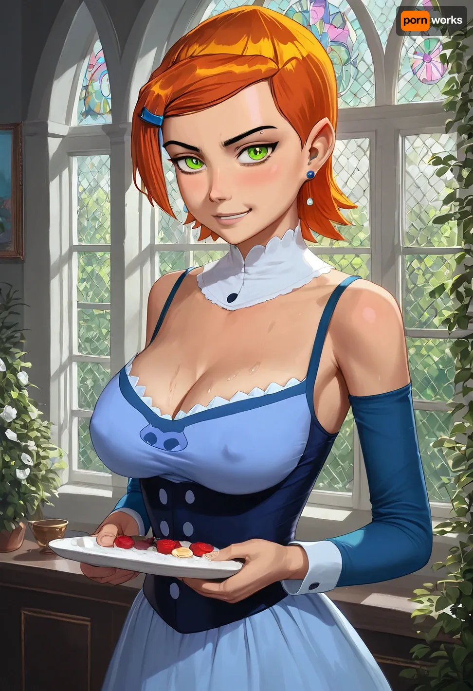 masterpiece, best quality, photorealistic, 17th century lady, (milf:1.6), (very beautiful:1.4), (big natural tits:1.6), (saggy breasts:.8), curvaceous, Victorian era dress with deep cleavage, heaving breasts, garden of castle, NEGATIVE_HANDS, hoopdress, gwen, tennyson, (/Ben10), /, (ultra, HD, quality, details), bright, orange, hair, short, (green, eyes), <lora:bab4d033-acad-4a4e-b6fa-5dda2bad3471.TA_trained:1.7>, <lora:crowd_notrigger:.2>, <lora:Gwen Tennyson (Ben10) - XL SCXL V1.0:.8>