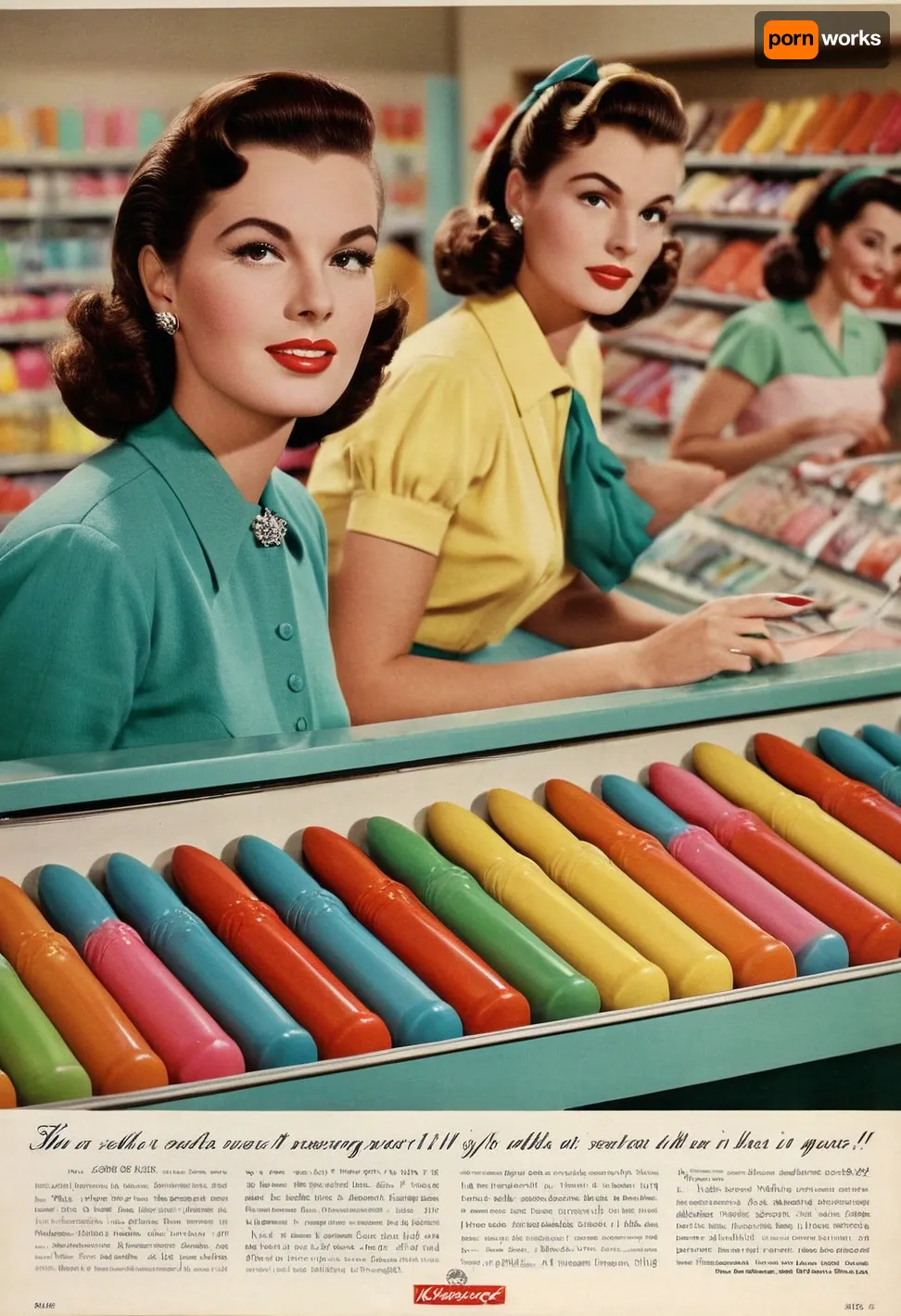 1950's shopping catalog full-page color ad, newsprint, ad copy with Cursive headlines, featuring a photo of row of colorful dildos on display at a department store counter, prim 1950's housewives compare products, .