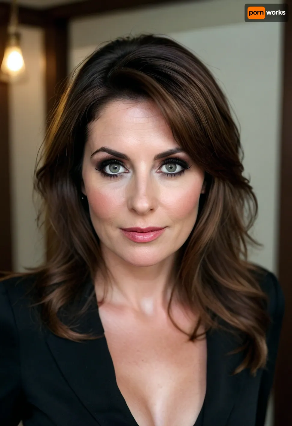 ((aunt Cass)), female milf secretary, milf 40 y.o., boss office cabinet background, black secretary outfit, (brunette hair), (elegant hairstyle), beautiful eyes, look at me, sexy lips, smile, big areolas, deep cleavage, alluring yet dangerous, close up viev, dark sapphic glamour, look attt my eyes, dramatic lighting., sagging, tpsp, <lora:sagging-000015:.5>, <lora:Torpedo_Tits_Anime-GMR-000007:1.1>, <lora:SDXLHighDetail_v6-000005:.8>, <lora:style_lora_realis:.8>