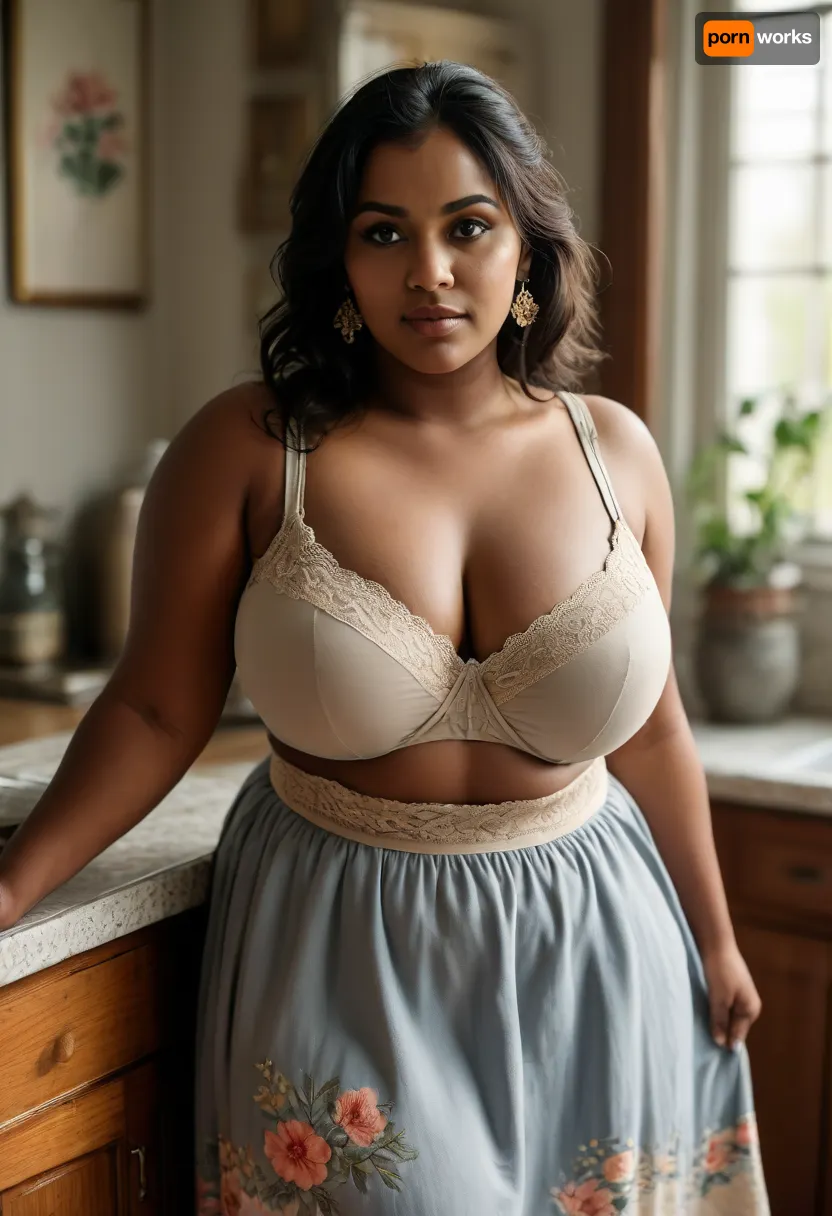 full body shot, 50mm lens, slight high angle, natural perspective, big hips, cleavage, huge boobs, pantyhose, thick body, ((bbw:1.4)), downblouse view, realistic Indian woman in her late 30s with deep brown skin, South Indian facial features, fuller lips, expressive almond eyes, bindhi, natural thick body, soft round belly, pudgy midsection, wide hips, heavy breasts, beautiful floral patterned lace trim bra, visible nipple contour through bra, pleated linen long skirt with waistband below navel, realistic fabric texture, fine stitching, heavy gold jewelry, natural lighting, lifelike skin texture, 1970s kitchen, leaning slightly forward at the counter, slate grey, soft blue shadows, cool whites, muted sunlight, film-like desaturation, photo realism, high detail, clean anatomy, <lora:clothed_small:.8>, <lora:Chubby BBW - XL:1.4>, <lora:MJ52:.8>, <lora:RealDownblouseXL2:.6>