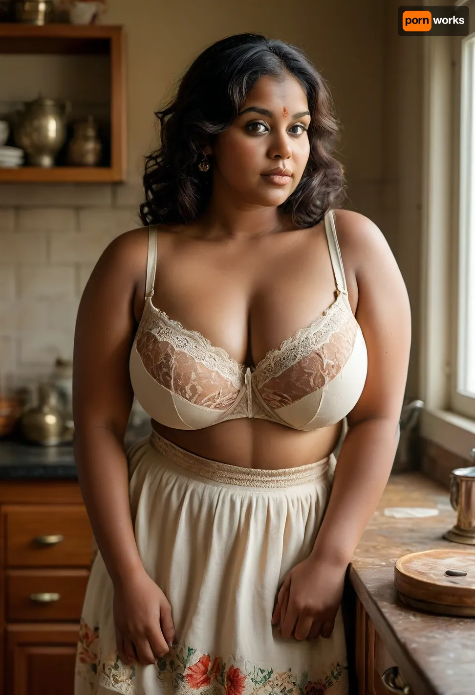 full body shot, 50mm lens, slight high angle, natural perspective, big hips, cleavage, huge boobs, pantyhose, thick body, ((bbw:1.4)), downblouse view, realistic Indian woman in her late 30s with deep brown skin, South Indian facial features, fuller lips, expressive almond eyes, bindhi, natural thick body, soft rounded belly, wide hips, heavy breasts, beautiful floral patterned lace trim bra, slightly visible nipple contour through bra, pleated linen skirt with structured waistband, warm earthy tones, realistic fabric texture, fine stitching, heavy brass jewelry, natural lighting, lifelike skin texture, 1970s kitchen, leaning slightly forward at the counter, deep marigold, brick red, emerald, sandalwood beige, warm coffee brown, photo realism, high detail, clean anatomy, <lora:clothed_small:.8>, <lora:Chubby BBW - XL:1.4>, <lora:MJ52:.8>, <lora:RealDownblouseXL2:.6>