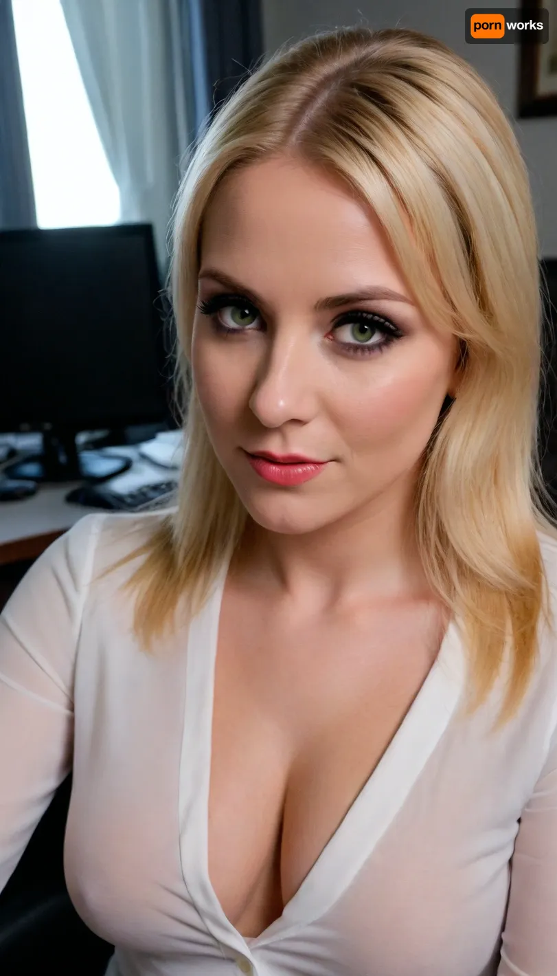 ((miquella from elden ring)), female milf secretary, milf 40 y.o., boss office cabinet background, black secretary outfit, (blonde hair), (elegant hairstyle), beautiful eyes, look at me, sexy lips, smile, big dark areolas, deep cleavage, alluring yet dangerous, close up viev, dark sapphic glamour, look attt my eyes, dramatic lighting., sagging, tpsp, <lora:sagging-000015:.5>, <lora:Torpedo_Tits_Anime-GMR-000007:1.1>, <lora:SDXLHighDetail_v6-000005:.8>
