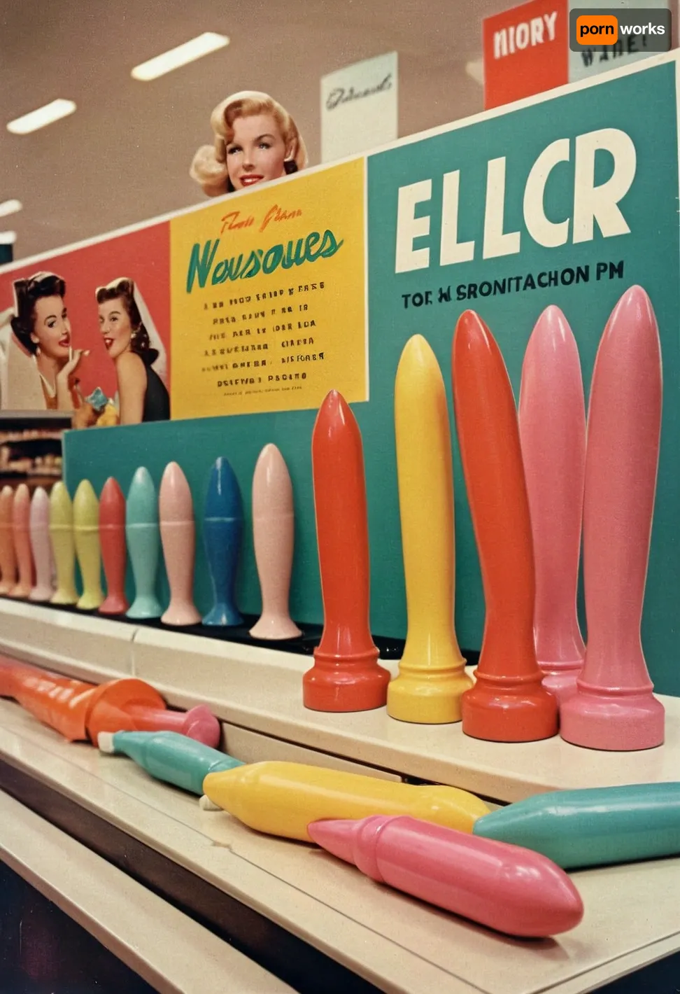 1950's shopping catalog full-page color ad, newsprint, ad copy with Cursive headlines, featuring a photo of row of colorful dildos on display at a department store counter, prim 1950's housewives compare products, .