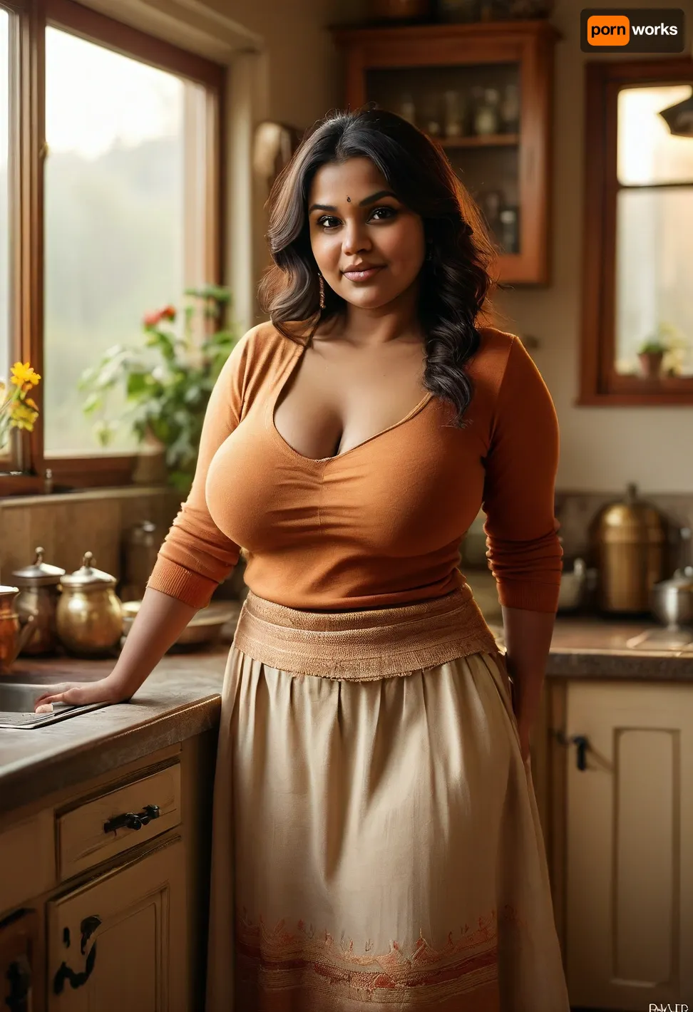 big ass, big hips, cleavage, huge boobs, pantyhose, thick body, ((bbw:1.4)), downblouse view, realistic Indian woman in her late 30s with deep brown skin, South Indian facial features, fuller lips, expressive almond eyes, bindhi, natural thick body, soft rounded belly, wide hips, heavy breasts, soft nipples bra less, natural sag and weight but fully covered, subtle outline from soft fabric, modern Indo-western outfit, ribbed knit top with subtle fabric tension, soft lightweight sweater material, natural drape, embroidered edge details, pleated linen skirt with structured waistband, warm earthy tones, realistic fabric texture, fine stitching, brass jewelry, natural lighting, lifelike skin texture, 1970s kitchen, leaning slightly forward at the counter, warm color palette, photo realism, high detail, clean anatomy, <lora:clothed_small:.8>, <lora:Chubby BBW - XL:1.4>, <lora:MJ52:.8>, <lora:RealDownblouseXL2:.6>