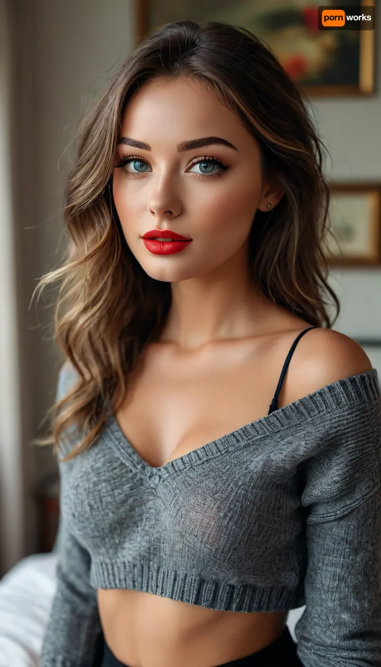 RAW image, Canon EOS R3, DSLR photo, 8k, best quality, (realistic, photo-realistic:1), RAW photo, (intricate details), masterpiece, slender, beautiful girl, proportional, perfect figure, delicate superstar face, gray eyes, large eyes, triangular face, large mouth, full lips, bright evening makeup, scarlet lips
long brown hair, perfect hair.
eye contact, daring, sexy gaze
slender neck, narrow shoulders, beautiful medium breasts, narrow waist, narrow hips, long, slender legs, yigh gap, wearing a short, black, chunky knit sweater, no panties, black tights, black sneakers
posing standing in a bedroom, daylight, ((Full Shot)), <lora:MJ52:1.1>, <lora:attractive_notrigger:1>, <lora:Evie_Face:.8>