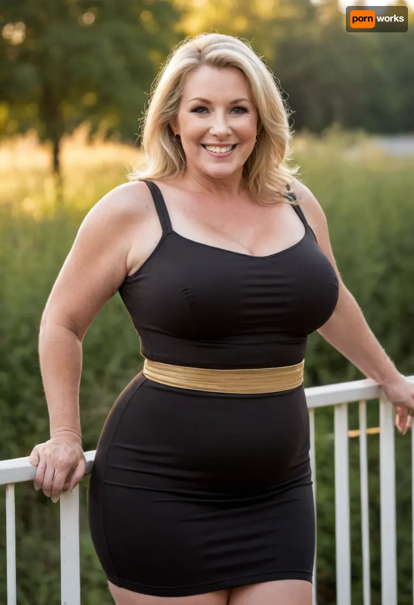 Jamie Smiles, bbw mature milf, blonde, 58 years old, soft hourglass figure, black bbodycon mini dress, vertical stripes, waist emphasized, hips highlighted, leaning against railing, flirtatious smile, golden hour sunlight, neighborhood summer gathering, blurred background, candid photograph, 85mm lens, f/1.8 depth of field, raw photo, huge, breasts, big, narrow, waist, <lora:BodyLicious:.8>