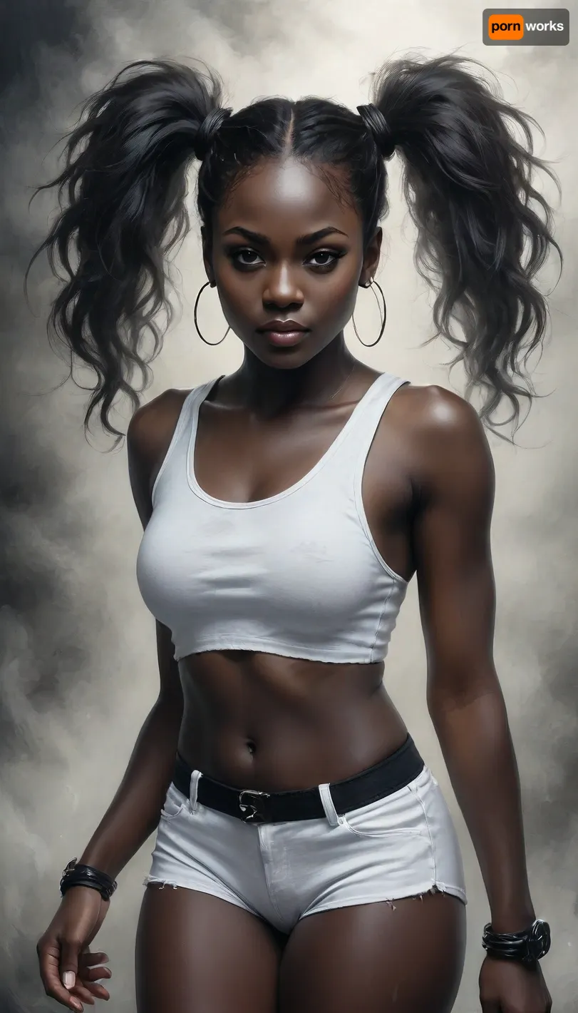 beautiful african young skinny pornstar, innocent, virgin, smile, long hair, high pigtails, bangs, (black skin:1.87), black skin, the girl is black and asian, (Black woman:1.7), (part asian:1.2), thigh gap, little white shorts, thin waist, narrow shoulders, big boobs, long skinny legs, insra mode selfie, showing her ass, melanin, (ziprealism:1.3), ultra-sharp details, realistic skin texture, refined contrast, 8k detail, authentic facial expression, clean composition, (maximum photo quality:1.4), (maximum resolution:1.5), Black, and, white, art, black, pencil, shading, charcoal, drawing, toned, paper, brutal, dark, b/w, color, scheme, cloudy, smoke, atmospheric, clouds, fog, <lora:Black and white art.V1:1.8>, <lora:Cloudy_Style:1>