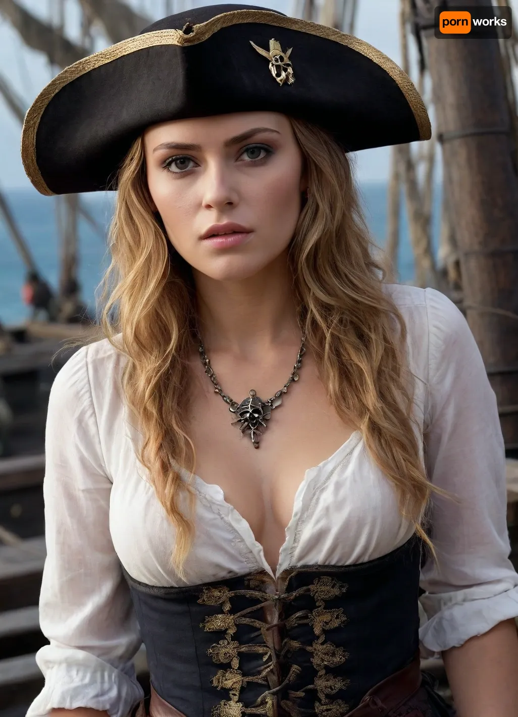((Elizabeth swann)), Pirates of the carribean, (skull pirate hat), hyper realistic face, detailed face, female pirate queen, hero view, action pose, extremely beautiful detailed piercing eyes, cinematic scene, scenery, detailed background, masterpiece, best quality, high quality, absurdres, very detailed, high resolution, sharp, sharp image, 8k, vivid, colorful, h41ry, <lora:h41ry:.8>
