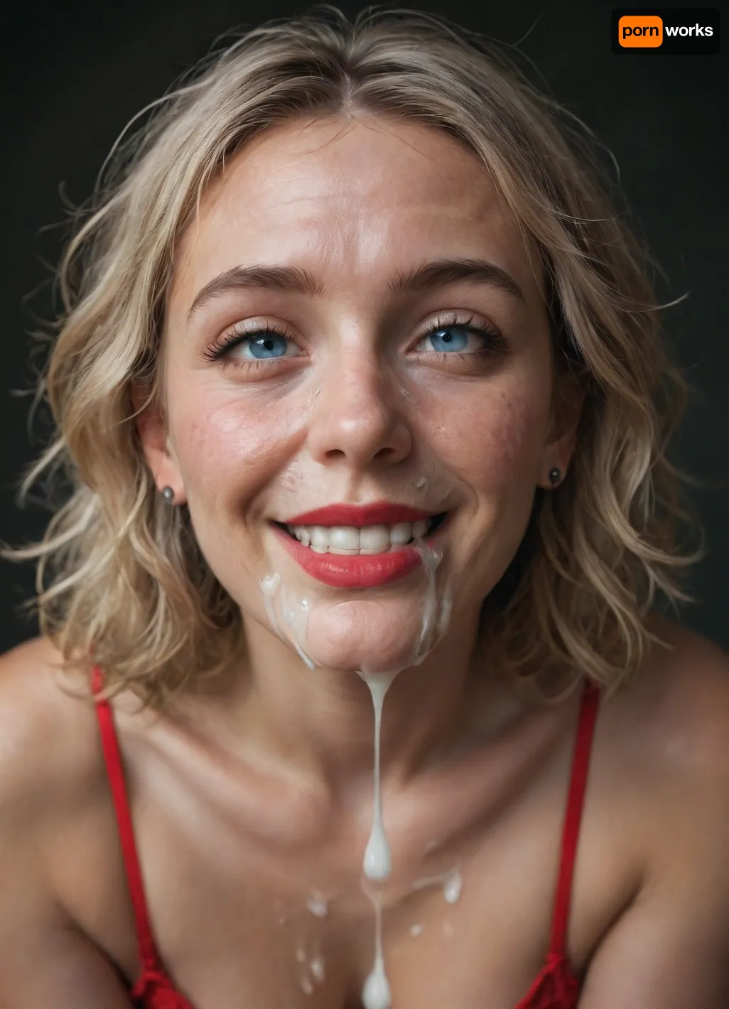 A short fit happy beautiful 30 year old woman with light blonde messy hair, blue eyes, wrinkles around her eyes and mouth, (stringy hair), (wide slutty smile), (round face), thin eyebrows, droopy eyes, (cum dripping down her face:1.4), (dimples), (excessive cum:1.4), small perky breasts, dark red lipstick, wearing red lace lingerie, (milf), giving a man a deepthroat blowjob, (close up on her face), (cum on her glasses), (cum in her hair), (man’s pov)