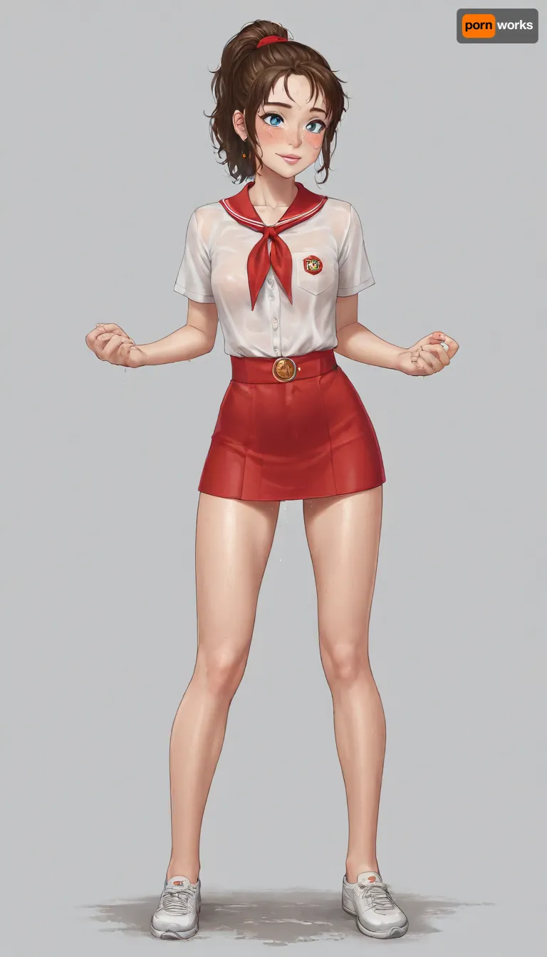 (single drawn girl:1.3), (illustration:1.3), (hand drawn:1.3), (drawn porno comics book cover:1.3), (TITLE text, "Pioneer":1.3), (Soviet pioneer girl:1.2), extra very cute Soviet pioneer girl 21yo, in a red scout tie, very wet transparent white blouse and without panties, ((submissive)), ((lovely)), (((in very sexual erotic pose))), wild vawy wet brown hair with many sidelocks, short sport ponytail with many sidelocks, full body, (((full body view))), (((high detailed legs))), ((very much want have sex)), ((high detailed pores on skin)), well-build fitness body, medium very milky tits, small lips, lots of freckles face and skin, blush on the checks and nose, (raised nasal tip, upturned button nose, upturned nose, delicate nose, nose), hypnotized loving grey eyes, very sexy smile, sexy random pose, sovietForm, sopi, very wet transparent pionyrs, very wet transparent shirt, neckerchief, very wet transparent skirt, sash, badge, <lora:iltromba_artwork_style_smm_SDXL_LORA_v07:.5>, <lora:text:1.1>, <lora:pionyrka:.8>