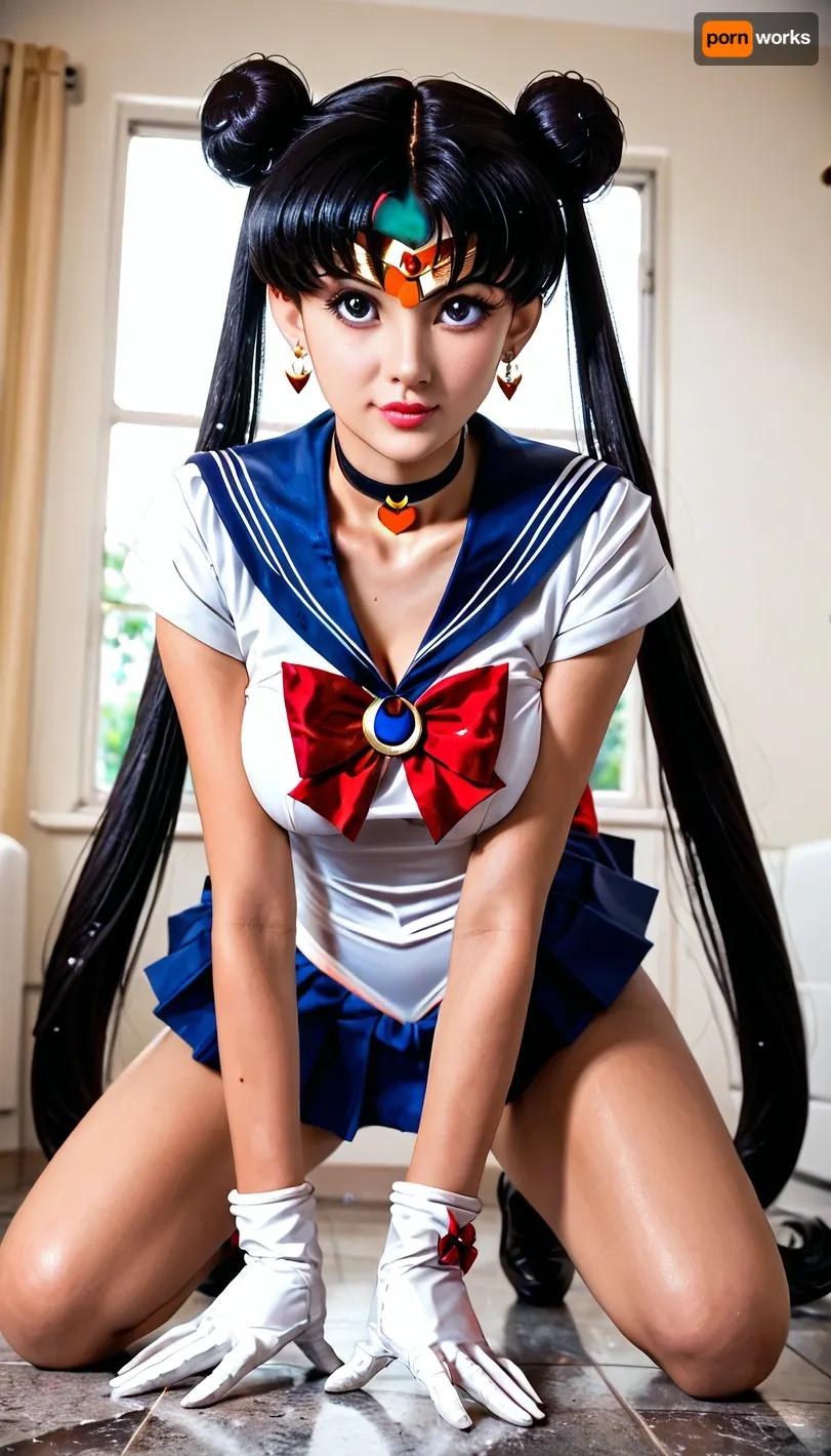 18 years latina girl in livingroom, Cosplay Sailor moon., moon_a_xl, double, bun, twintails, long, twin, tails, black hair, parted, bangs, circlet, jewelry, earrings, choker, sailor, senshi, uniform, red, bow, white, gloves, elbow, blue, mini skirt, wxpippper, She is trying to seduce daddy., shirtspread, skirtlift, <lora:セーラームーン Sailor Moon  (Pretty Soldier Sailor Moon)_XL:.8>, <lora:piperXL:.8>, <lora:shirtspreadv10_SDXL:.8>, <lora:skirtlift_xl:.8>, on_her_knees