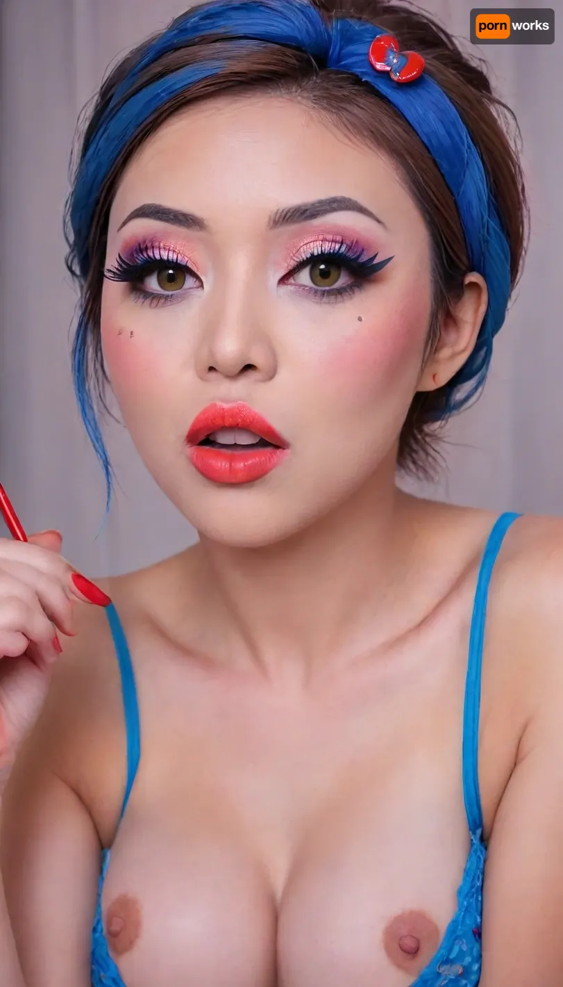 The image it stands with its legs apart so that the pussy can be seen in orgasm shows a yo girl, (Japanese:1.7), She is wearing a sleeveless grey dress with decorative nipple cutouts., (bright lighting:1.2), beautiful detailed eyes, extremely detailed face, perfect lighting, best quality, steel pipe indide pussy, solo, ((anus)), She has long, wavy brown hair and is smiling while applying red lipstick. She holds a red lipstick in one hand and a compact mirror in the other, which is partially open. Red sunglasses rest on top of her head, and she has pinky-red nail polish, matching her lipstick. The background is plain and light-colored, emphasizing her as the focal point., ((makeup:1.5), long blue eyelashes with eyeliner:1.2), (big lips:1.3), (purple pussy:1.1), ruined, makeup, green, eyes, blue, brown, perfecteyes, heart_areola, <lora:ruined1:1.6>, <lora:PerfectEyesXL:1.2>, <lora:Heart_Areola_Nipple_SDXL:2>