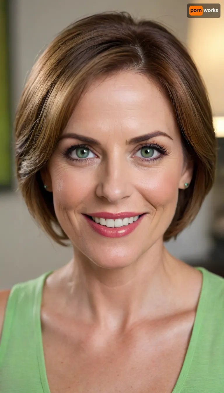 Helen Parr, 55 y.o., minimalist modern home background, sleeveless casual loose outfit, layered haircut hairstyle, thick expressive arched eyebrows, beautiful eyes, captivating bright light green eyes, look at me, sexy full lips, big smile, big, sagging, busty cleavage with a natural mature drop, alluring yet dangerous, close up view, sapphic, look at my eyes, dramatic lighting.