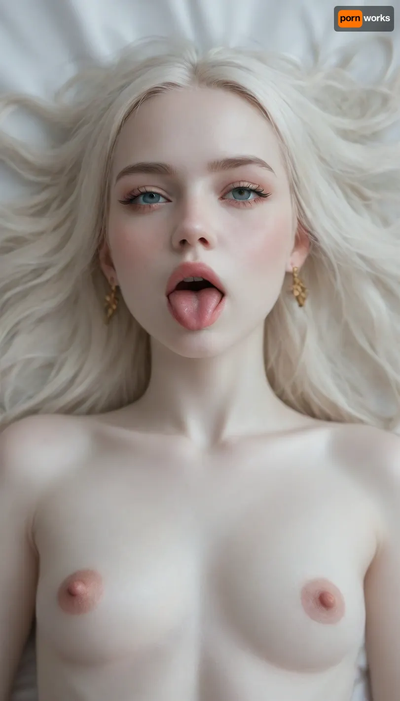 18-year-old beautiful Russian model, (very white skin:2.9), straight white hair, (smooth hair:1.9), Very pretty face, angelic look, naked, lying on her stomach, perfect body, skinny, small tits, pink pussy., tongue, out, ahegao, drool, <lora:ahegao_sdxl_v4:.8>