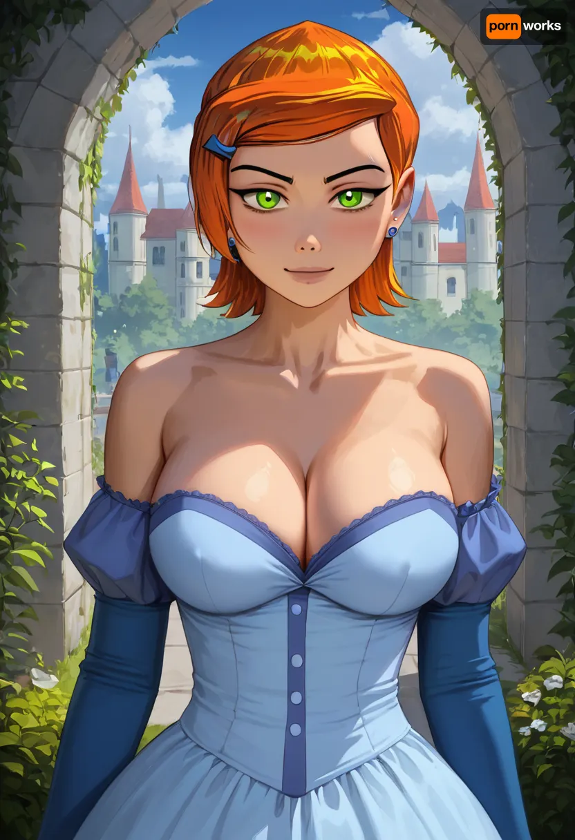 masterpiece, best quality, photorealistic, 17th century lady, (milf:1.6), (very beautiful:1.4), (big natural tits:1.6), (saggy breasts:.8), curvaceous, Victorian era dress with deep cleavage, heaving breasts, garden of castle, NEGATIVE_HANDS, hoopdress, gwen, tennyson, (/Ben10), /, (ultra, HD, quality, details), bright, orange, hair, short, (green, eyes), <lora:bab4d033-acad-4a4e-b6fa-5dda2bad3471.TA_trained:1.7>, <lora:crowd_notrigger:.2>, <lora:Gwen Tennyson (Ben10) - XL SCXL V1.0:.8>