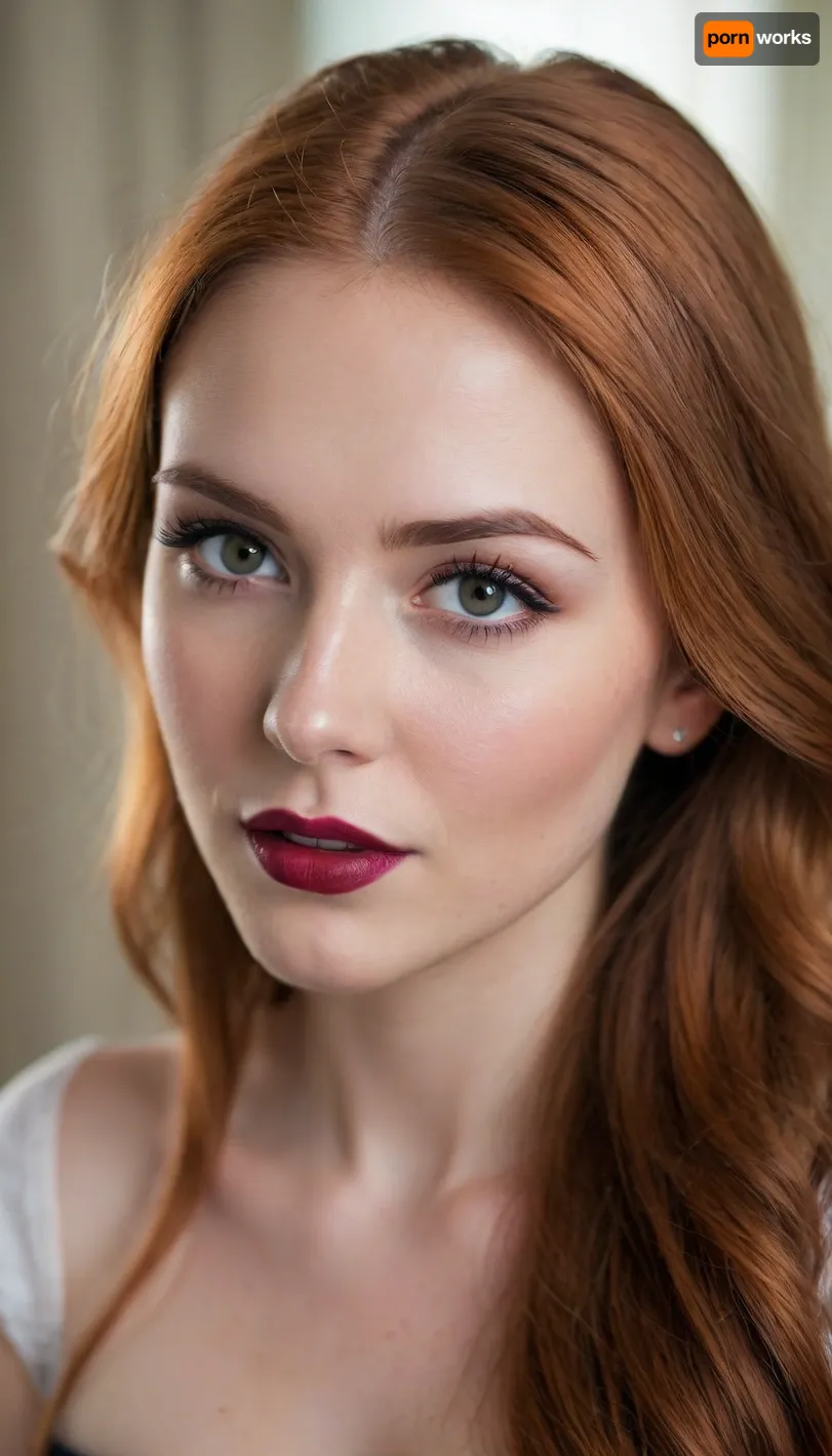 ziprealism, (24yo, intimate sensual esthetic, unconventional framing, Dutch Angle:1.2), (shy hopeful eye contact, soft giggle, bashful self-conscious pose, hand playing in hair:1.6), (f/2.8, shallow depth of field, subtle bokeh), (closeup, high angle view, view from side, shot in profile, focus on eyes:1.8), (satiny rich aubrun-ginger hair with dark roots, straightened long hair, luxurious hair obscuring face, dark full eyebrows:1.4), (athletic body, sexy shelf top corset:1.4), (full lips, soft pillowy lips, moist lips, vibrant red lipstick:1.2), (natural skin texture, porcelain skin, long thick eyelashes, delicate innocent facial features, large expressive doe eyes, slightly downturned eyes:1.2), (cozy bedroom), (natural breasts, soft breasts, slender waist), (strong defined jawline, large expressive eyes, catchlights), Stable-Yogis-Makeup-Enhancer-XL