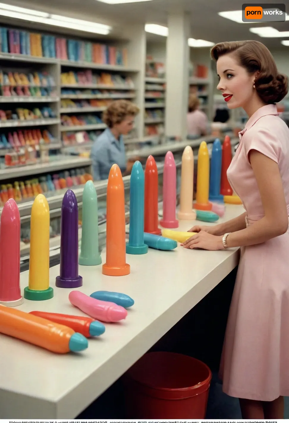 1950's shopping catalog full page color ad, featuring a photo of row of colorful dildos on display at a department store counter, prim 1950's housewives compare products, traditional sales hype of the era marketing.
