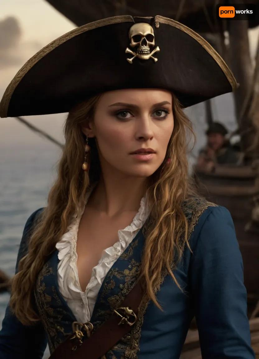 ((Elizabeth swann)), Pirates of the carribean, (skull pirate hat), hyper realistic face, detailed face, female pirate queen, hero view, action pose, extremely beautiful detailed piercing eyes, cinematic scene, scenery, detailed background, masterpiece, best quality, high quality, absurdres, very detailed, high resolution, sharp, sharp image, 8k, vivid, colorful, h41ry, <lora:h41ry:.8>