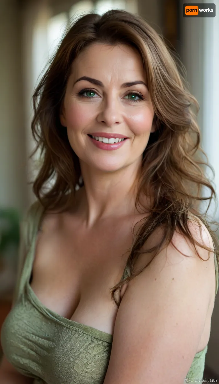 Obese, chubby, miquella from elden ring, female housewife, busty, 65 y.o., minimalist modern home background, casual comfortable outfit, tall, brunette amber hair, layered haircut hairstyle, thick expressive arched eyebrows, beautiful eyes, captivating bright light green eyes, look at me, sexy full lips, big smile, big, sagging, busty cleavage with a natural mature drop, alluring yet dangerous, close up view, sapphic, look at my eyes, dramatic lighting., <lora:style_lora_realis:.8>