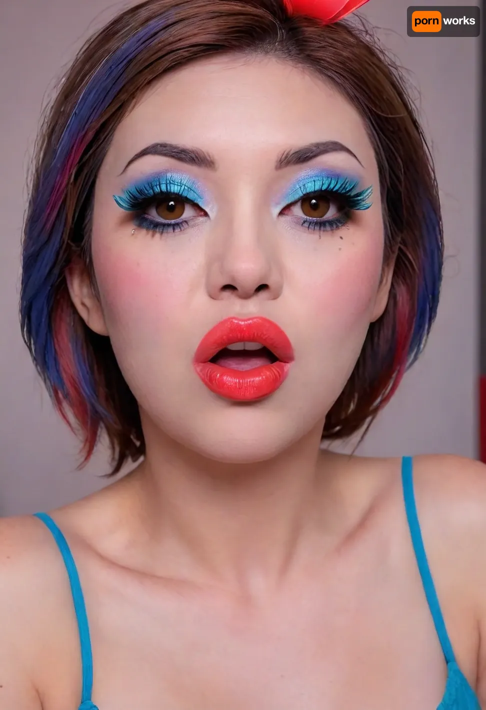 The image shows a yo girl, (Japanese:1.7), She is wearing a sleeveless grey dress with decorative nipple cutouts., (bright lighting:1.2), beautiful detailed eyes, extremely detailed face, perfect lighting, best quality, steel pipe indide pussy, solo, ((anus)), She has long, wavy brown hair and is smiling while applying red lipstick. She holds a red lipstick in one hand and a compact mirror in the other, which is partially open. Red sunglasses rest on top of her head, and she has pinky-red nail polish, matching her lipstick. The background is plain and light-colored, emphasizing her as the focal point., ((makeup:1.5), long blue eyelashes with eyeliner:1.2), (big lips:1.3), (purple pussy:1.1), ruined, makeup, green, eyes, blue, brown, perfecteyes, heart_areola, <lora:ruined1:1.4>, <lora:PerfectEyesXL:.9>, <lora:Heart_Areola_Nipple_SDXL:2>