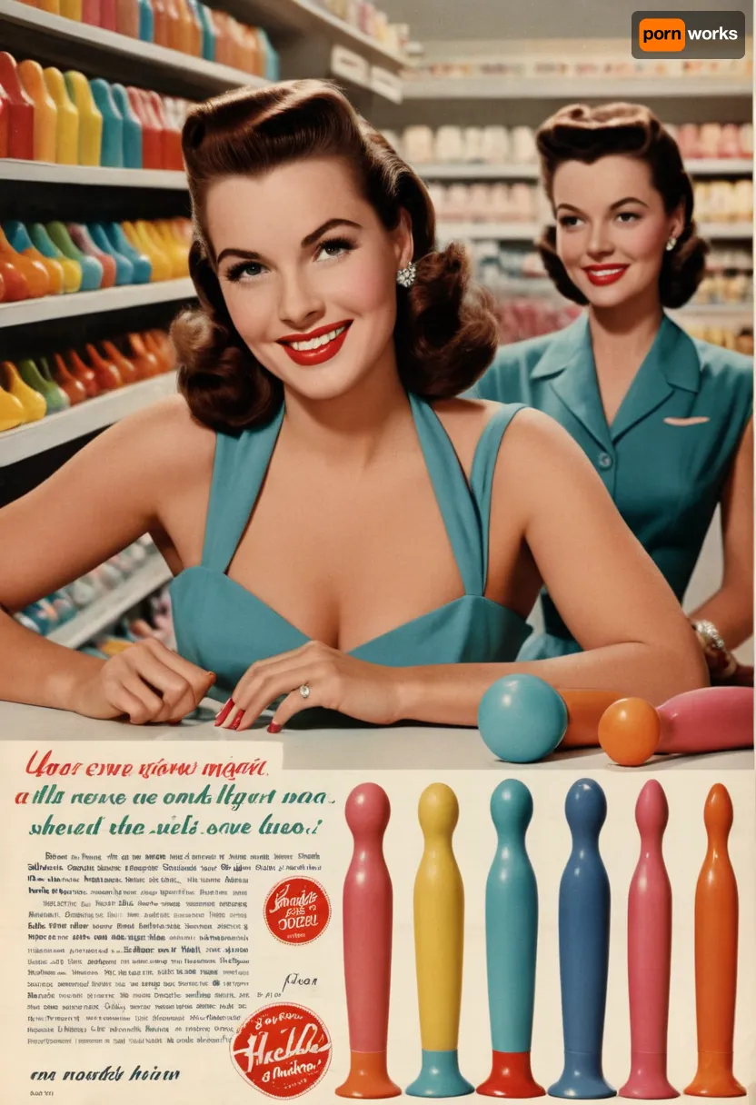 1950's shopping catalog full-page color ad, newsprint, ad copy with Cursive headlines, featuring a photo of row of colorful dildos on display at a department store counter, prim 1950's housewives compare products, big smiles.