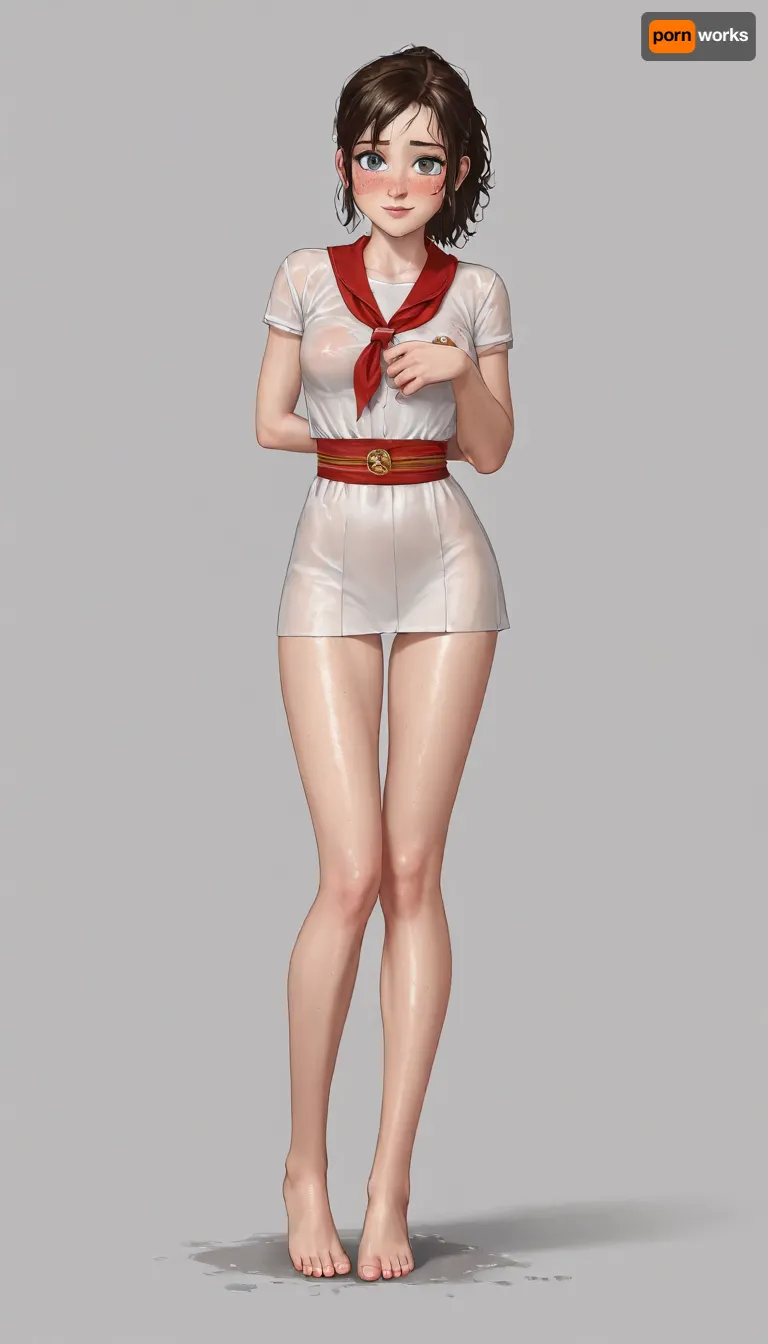 (single drawn girl:1.3), (illustration:1.3), (hand drawn:1.3), (drawn porno comics book cover:1.3), (TITLE text, "Pioneer":1.3), (Soviet pioneer girl:1.2), extra very cute Soviet pioneer girl 21yo, in a red scout tie, very wet transparent white blouse and without panties, ((submissive)), ((lovely)), (((in very sexual erotic pose))), wild vawy wet brown hair with many sidelocks, short sport ponytail with many sidelocks, full body, (((full body view))), (((high detailed legs))), ((very much want have sex)), ((high detailed pores on skin)), well-build fitness body, medium very milky tits, small lips, lots of freckles face and skin, blush on the checks and nose, (raised nasal tip, upturned button nose, upturned nose, delicate nose, nose), hypnotized loving grey eyes, very sexy smile, sexy random pose, sovietForm, sopi, very wet transparent pionyrs, very wet transparent shirt, neckerchief, very wet transparent skirt, sash, badge, <lora:iltromba_artwork_style_smm_SDXL_LORA_v07:.5>, <lora:text:1.1>, <lora:pionyrka:.8>