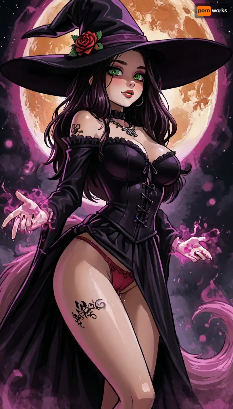(reiq meets innv and markgavatino style:1), Purple Goth costume sexy kitsune., (witchcraft, magic spells, arcane energy, potions), witch hat, <lora:LCMTurboMix_Euler_A_fix:1.1>, <lora:EnvyBeautyXL02:1.1>, <lora:EnvyAnimeDigitalPaintingXL01:1.1>, solo sultry in outdoor foggy steamy, cute butt cheeks and cute cleavage, fog, ((extreme psychedelic background bedroom)), wet hair, sparkling green eyes, rose tattoos, agaricus mushrooms, shiny necklace, nighttime orange moon, bright night sky with stars planets and galaxies, ((fox tail)), skirt and corset, ((he is dripping fluid and slobbering, liquid running down her thighs forming puddles)), dynamic oblique view small hint of pink panties and pubic bush hair, 8k ultra high definition