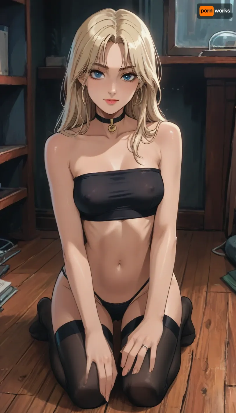 Score_9, score_8_up, score_7_up, reiq meets markgavatino art style, 22 year old, (black wet micro panties), white long hair, big perky tits, (athletic skinny body), (seductive face), ((black transparent tube-top)), (black stockings with garters), (garters), black choker, ((woman, kneeling on floor)), erected nipples, on knees, cute, doodle, ratatatat74, <lora:cutedoodle_XL-000012:.8>, <lora:ratatatat74-000050:.8>, <lora:NEOTOKIOXL_0.2_RC:.8>, <lora:outline_xl_kohaku_delta_spv5x:.8>, <lora:attractive_notrigger:.8>