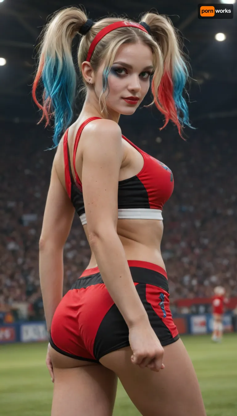 harley quinn, 1girl, solo, realistic, midriff, hairband, Manchester united label on sportswear, navel, shorts, breasts, cleavage, soccer, short shorts, dynamic sexy pose, rear view