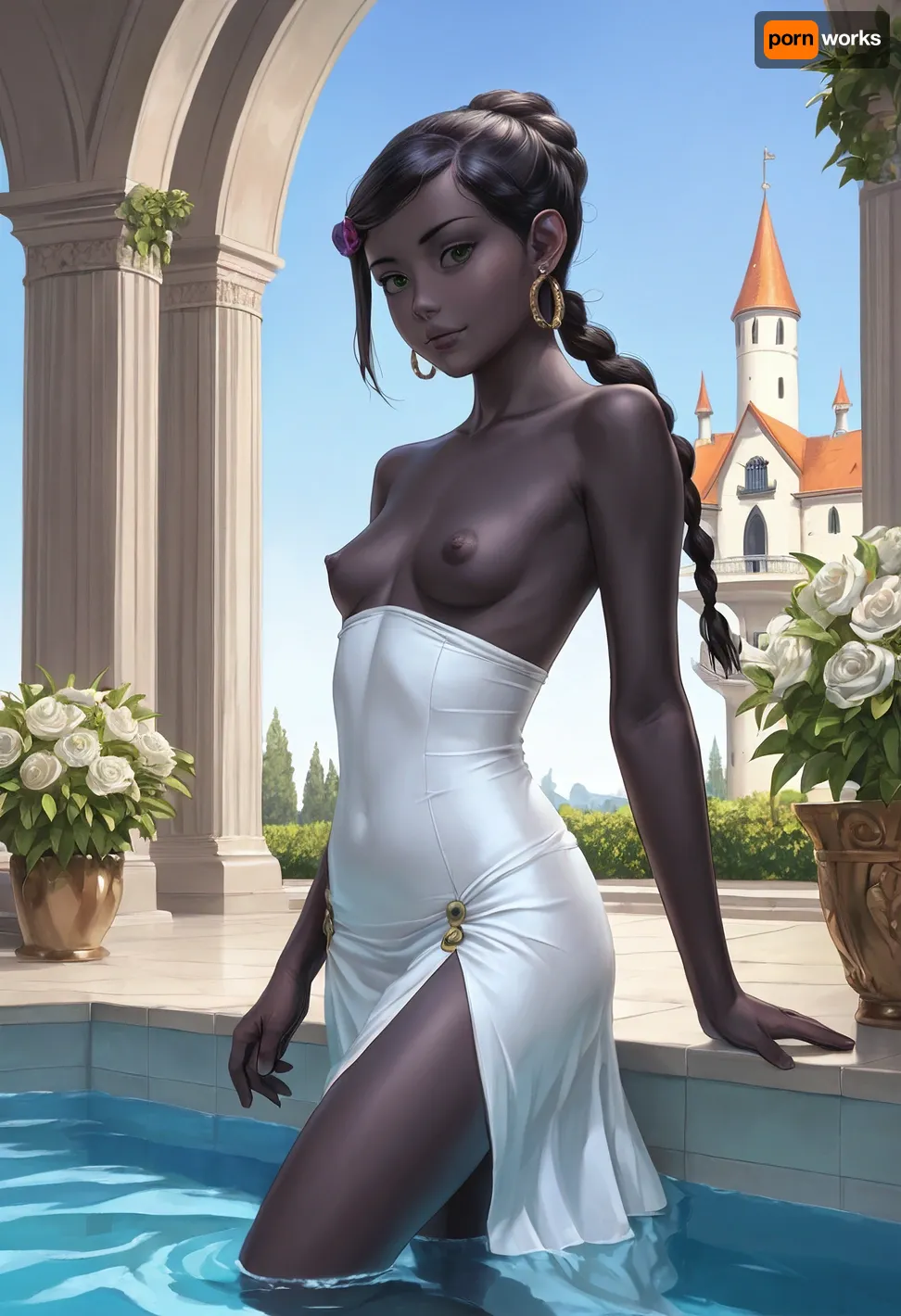 masterpiece, best quality, braided ponytail, photorealistic, 17th century lady, (young woman), (very beautiful), (small natural saggy breasts), deep black skin, curvaceous, Victorian era strapless hoopdress, heaving breasts, exposed breasts, swimming in the pool of a garden of castle, arched back, raised leg, NEGATIVE_HANDS, hoopdress, (/Ben10), /, (ultra, HD, quality, details), (green, eyes), <lora:bab4d033-acad-4a4e-b6fa-5dda2bad3471.TA_trained:1.7>, <lora:crowd_notrigger:.2>