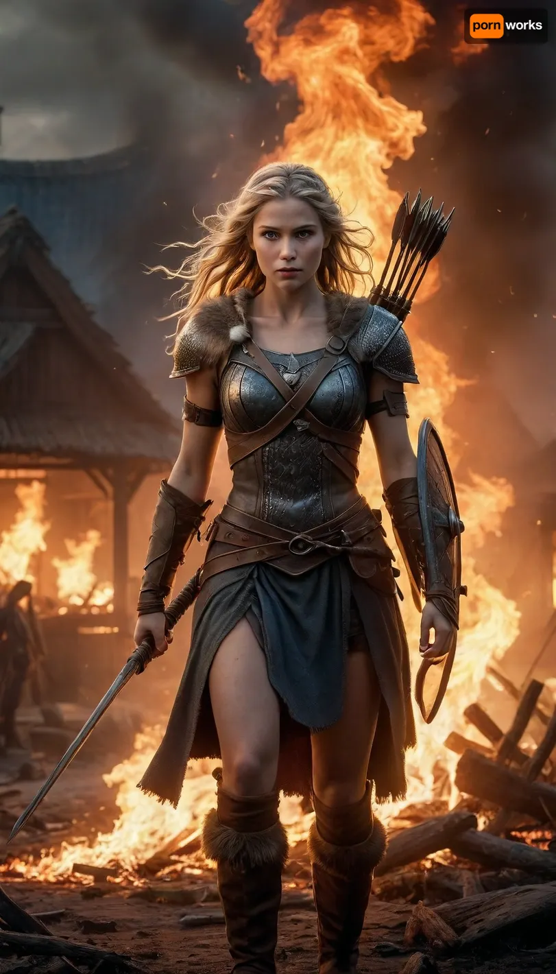 Imagine a highly detailed, photorealistic scene set in the 14th century. At the heart of this scene is a slender, fierce-looking Viking warrior woman, shooting a flaming arrow from her bow under the cover of night. Around her, a village in Britain is ablaze, with thatched-roof houses engulfed in flames. The air is thick with smoke and fire, casting an intense glow over the scene. Everywhere, people are fleeing and fighting, adding to the chaos and brutality. In the center, the Viking warrior is depicted in exquisite detail, her armor and bow meticulously rendered. The burning arrow she releases adds an epic, dramatic flair to the image. This scene captures the ferocity of Viking raids, with a strong focus on realism and atmosphere.