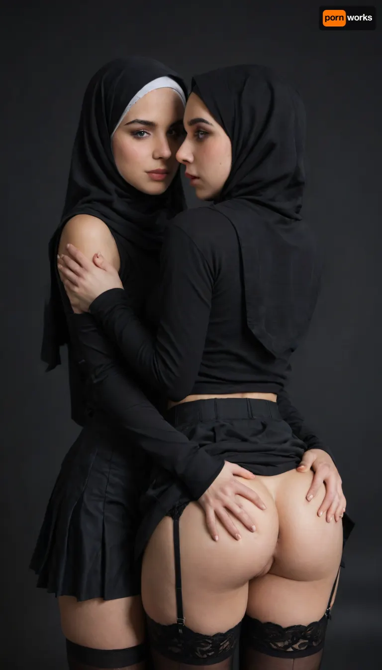 black background, ass grab, anal fisting, style-hijab, 2 beautiful goth girls, skirt, yuri, hand deep in ass, sleeves, perfect pussy, rounded ass, blush, bow, garter belt with stockings, skirt lift, leather skirt, tank top, ass Gap from behind, standing, detailed, eyes, perfect skin, texture, photorealistic, <lora:Super_Eye_Detailer_By_Stable_Yogi_SDPD0:1.4>
