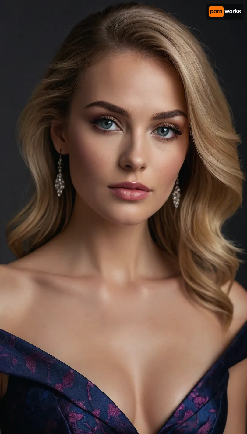 full view, 1girl is a tall, athletic, glam, sophisticated, 45yo blonde lady, voluminous, perfectly blown-out blonde hair with lustrous shine, smooth texture, and dramatic face-framing waves. Hyper-polished glam makeup, airbrushed glass-like complexion with intense highlight and sculpted contour, high-drama lashes, bold winged eyeliner, metallic rose-gold and champagne eyeshadow with radiant shimmer, precision-shaped brows, and full glossy lips in a vibrant pink sheen. High-fashion, red-carpet, luxury beauty aesthetic with ultra-sharp detail, 1girl wearing A sophisticated couture-style navy midi dress with a sculptural off-the-shoulder portrait neckline, elegantly folded into an architectural collar. Three-quarter fitted sleeves. Tailored bodice with a precise waist seam and an asymmetric structured peplum panel. Deep navy jacquard fabric featuring raised floral patterns woven in a slightly brighter blue thread, giving a textured, satin-sheen relief effect. Pencil-cut skirt falling to mid-calf, with floral motifs becoming denser toward the hem. Luxurious, high-end material, clean lines, refined silhouette, modern and polished design. 1girl wearing luxury women’s metallic heeled sandals with a slim stiletto heel, elegant minimal strap design, open toe, high-shine silver finish with clean reflective surfaces. Delicate ankle strap with a small buckle, refined modern silhouette, premium evening footwear. Photorealistic product display, soft studio lighting, high-resolution fashion accessory photography, crisp edges, perfect reflections, smooth metallic texture