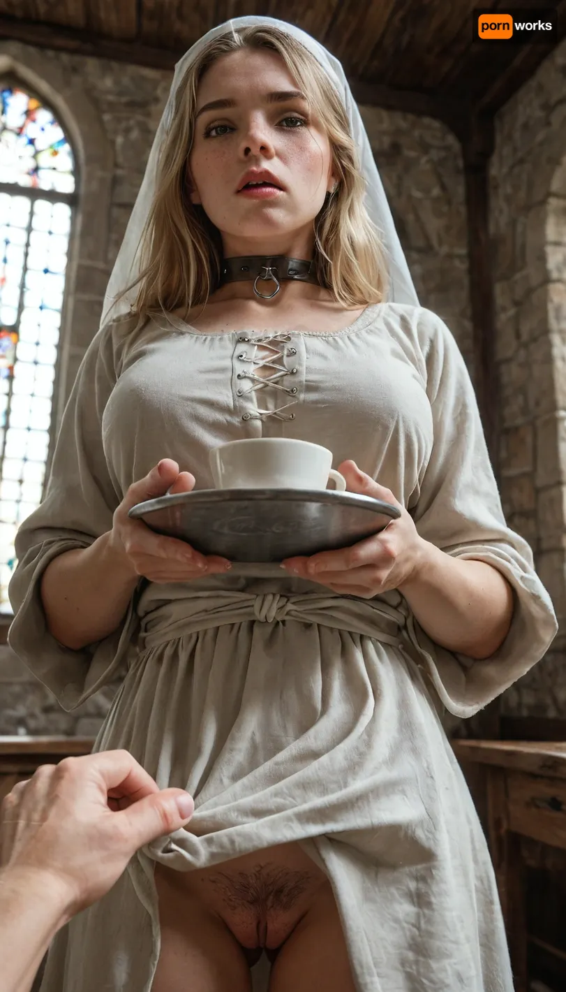 medieval castle interior, ((bottom view)), 1 girl solo, southen woman, blonde hair, brown eyes, freckles, ((begging pov:1.5)), perfect big breasts, slim fitness sexual body, hairy pussy, she is wearing a thin white cloth headscarf on head, hair hide under headscarf, (slaves bronze collar), light grey ancient tunic, belted with rope, woman standing, (she holds a tray with coffee), she stay in front of pov, ((pov hands are visible)), ((pov hands keep the edge of her tunic)), (((pov hands lift up her tunic))), detailed hair, detailed eyes, detailed face, perfect freckles, perfect skin, perfect texture, photorealistic, <lora:Super_Eye_Detailer_By_Stable_Yogi_SDPD0:.8>