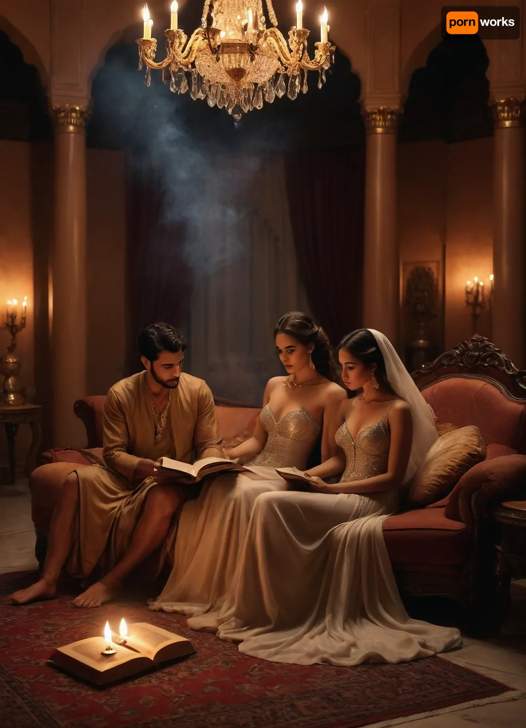 Arabian palace, arabian princess in luxury gown, reading a book to arabian prince sitting on cushion, sensuality, get each other naked, warm lightning, candles, smoke of incense realistic, nightly, sensual atmosphere