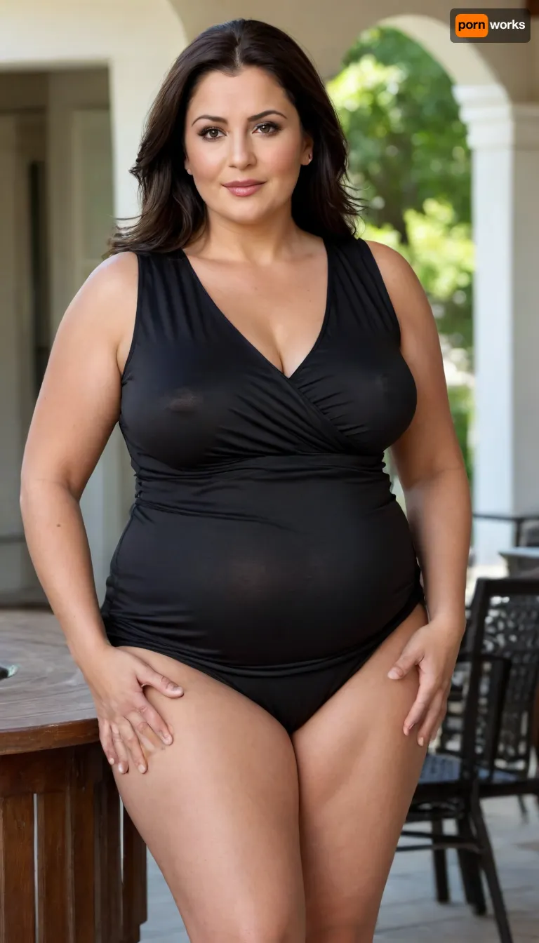 ultra realistic, photorealistic, obese Macedonian woman, 50 years old, tan skin, black hair, plus-size, bbw, chubby, curvy, full-figured silhouette, bottom-heavy body, short stocky build, wide hips, thick thighs, soft rounded abdomen, sagging ample bust, natural sagging contour, round face, light amber eyes, expressive eyes, striking eyes, captivating eyes, mesmerizing eyes, open mouth, happy expression, age-appropriate softness, realistic body texture, detailed skin texture, skin imperfections, wrinkles, tasteful clothing, comfortable outfit, black v-neck sleeveless shirt, draped fabric, fabric impression, subtle contour, faint outline, satin texture, raised detail, clothing silhouette, soft material tension, gentle fabric pressure, realistic fabric behavior, thin stretch fabric hugging contours, standing pose, outside patio, natural daylight, outdoor realism