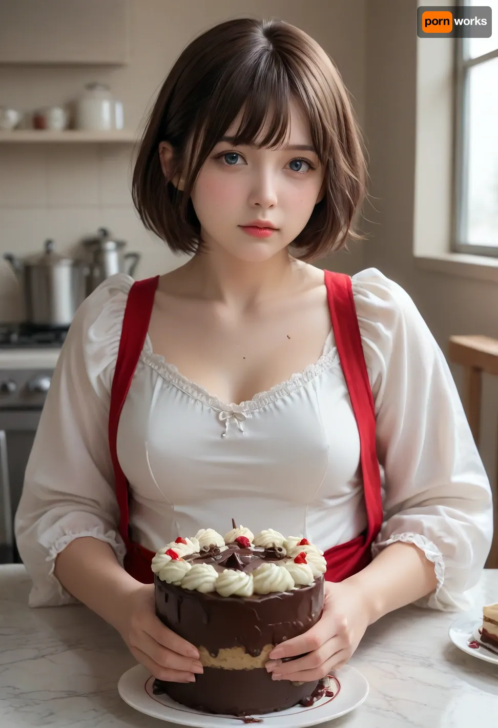 Realistic style, realistic facial features, single 20-year-old woman, straight brown hair, ice-blue eyes, short haircut with fringe, white tight-fitting semi-open blouse, gold embroidery. In a kitchen, chubby figure, plump, overweight, large bust, tight clothing, large table with cakes and pies, glass of milk, table covered in cake crumbs and milk, blouse splattered with chocolate sauce and cream, face splattered with chocolate sauce and cream, mouth splattered with chocolate sauce and cream. Hands splattered with chocolate sauce and cream. She is a piece of cake., <lora:Chubby BBW - XL:.7>