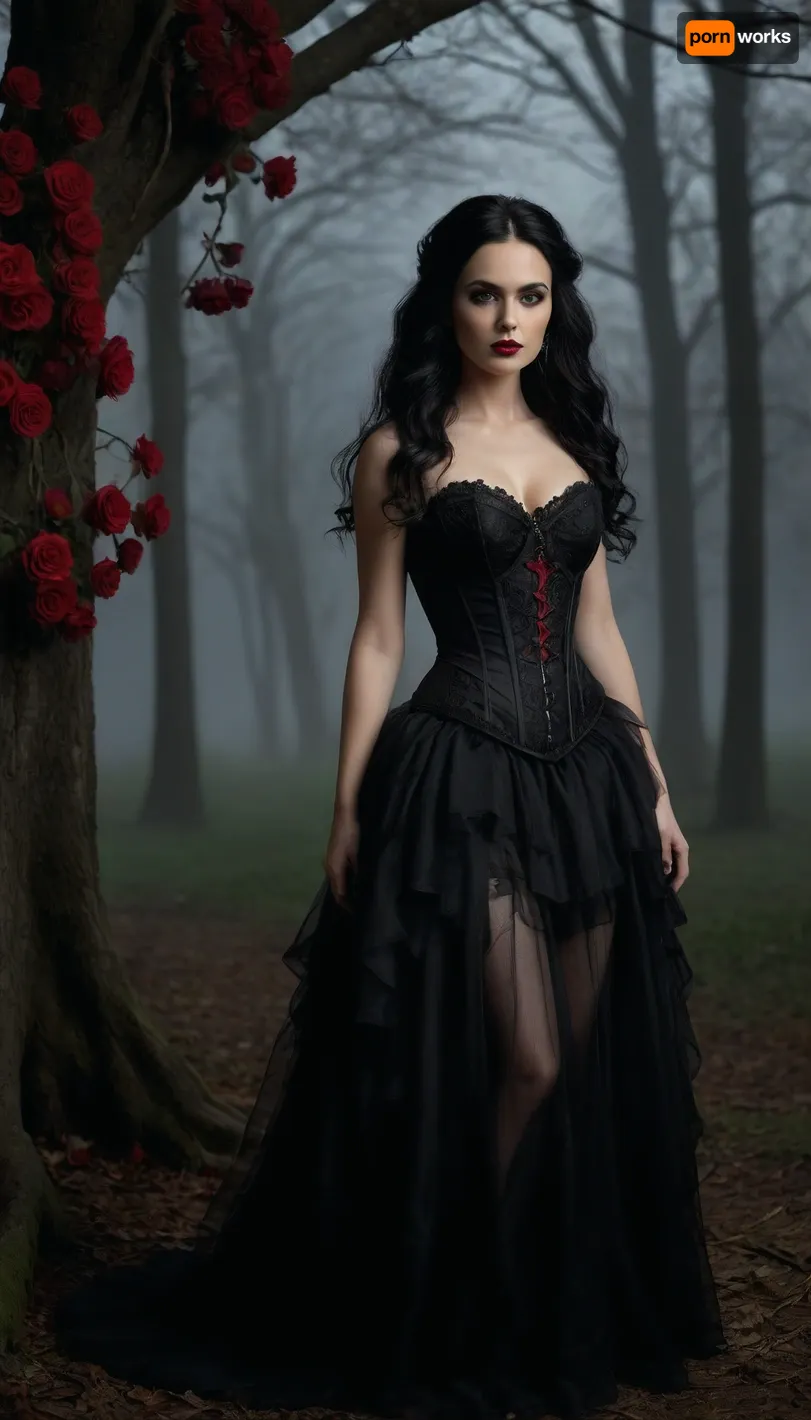 A full-body portrait of a 45-year-old woman with long black hair, tall, elegant, and ominous in presence. She wears a gothic black bridal-inspired outfit. Her corset is made of black satin with structured cups, front busk closures, and semi-sheer lace side panels featuring ornate baroque embroidery. Ruffled black silk accents frame the bust and waist, adding dramatic volume and texture.

A dark, sheer tulle veil with a lightly wired edge falls to her elbows. Vibrant red roses are woven through her hair beneath the veil, creating a striking contrast against the black fabrics.

Her lower half features high-waisted black panties, black fishnet stockings, and a long flowing sheer black lace skirt embroidered with intricate floral patterns and scalloped hem details.

She carries a small bouquet purse made of black fabric roses. Pointed black high heels complete the outfit. Her makeup is extremely glamorous and outlandish, exaggerated lashes, sculpted dark brows, intense contouring, shimmering smoky eyes, heavy eyeliner, and glossy deep-red lips.

The setting is a fantasy horror environment, swirling dark fog, drifting mist, faint moonlight filtering through dead twisted trees, a ghostly atmosphere. Subtle silhouettes move in the background, creating a sense of dread. The ground is damp stone, reflecting faint light. The mood is eerie, cinematic, and supernatural.

Ultra-detailed, high-resolution fashion and fantasy photography hybrid, dramatic lighting, rich black textures, glowing red accents, sharp focus, SDXL quality, dark gothic horror aesthetic.